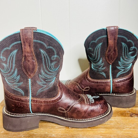 Ariat Women's 7.5 Fatbaby Heritage Dapper Western Boots Round Toe Chocolate Turq - Picture 5 of 10